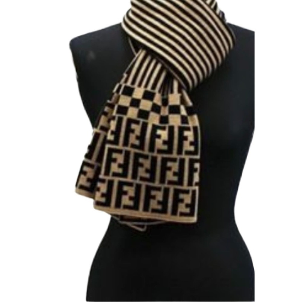 FENDI Zucca Print Wool 100% Scarf Beige Black